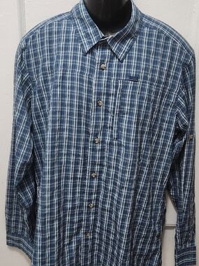 Eddie Bauer Men's Blue and White Plaid Button-Down Shirt